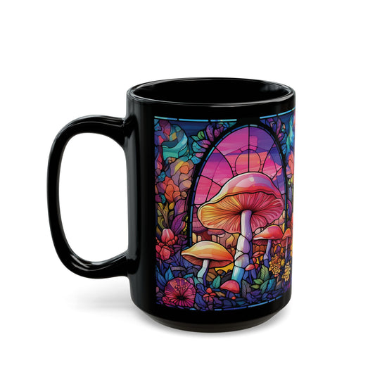 Stained Glass Mushroom Black Mug – Psychedelic Fungi Coffee Cup (15oz)