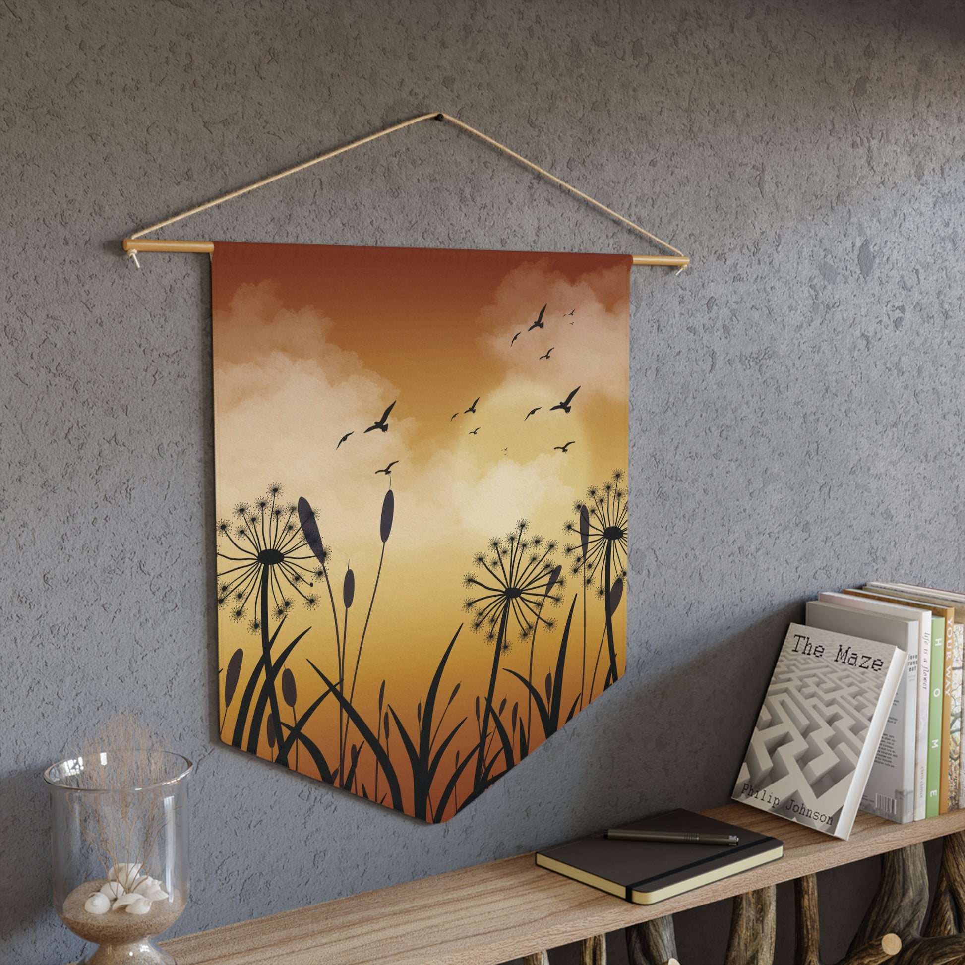 Sunset Meadow Pennant Banner — Dandelion Silhouette Wall Hanging