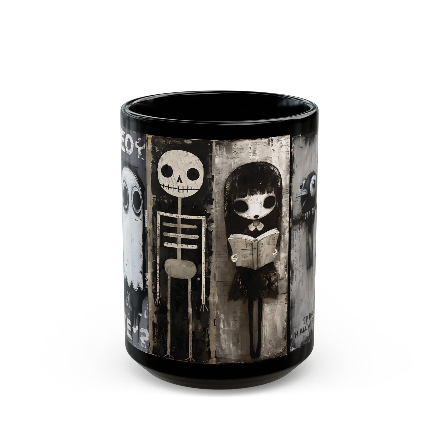 Gothic Halloween Character Black Mug — Spooky Skull, Ghost & Girl Art (15oz)