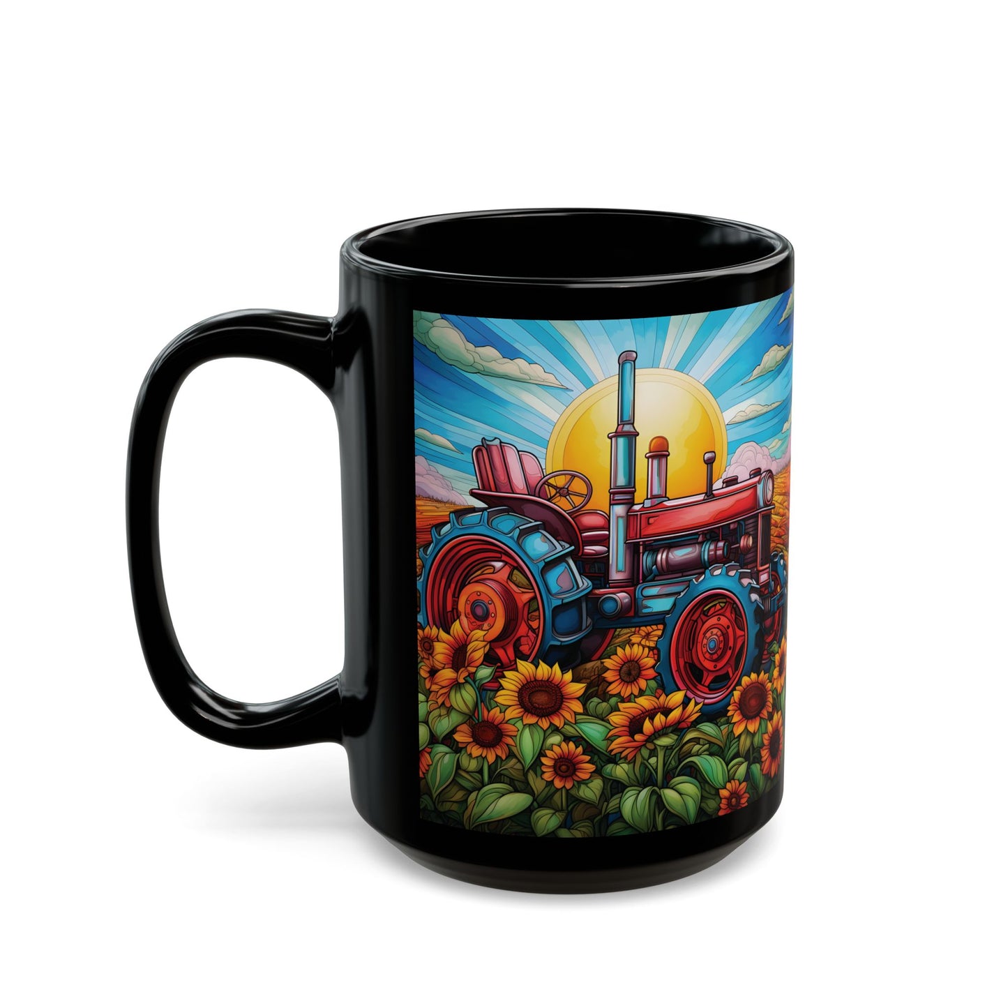 Sunflower Tractor Black Mug — Vintage Tractor Country Coffee Cup (15 oz)