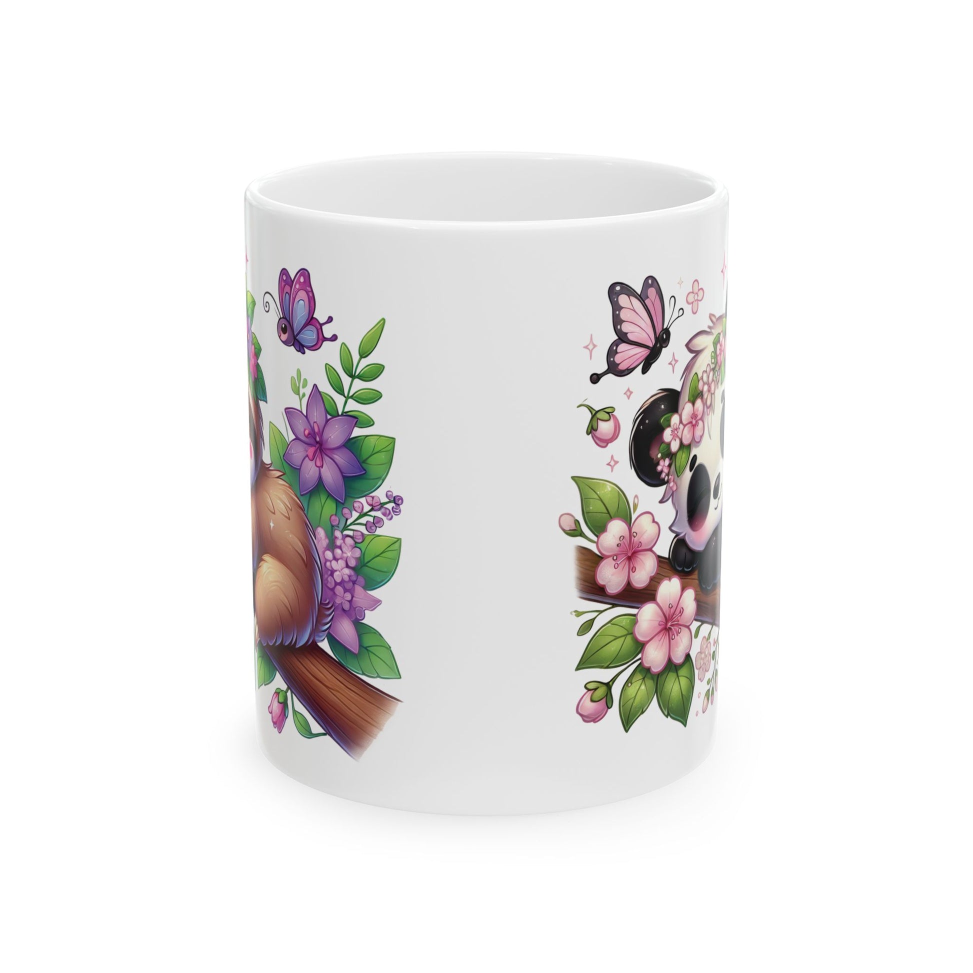Floral Panda & Sloth Ceramic Mug — Cute Springtime Sleepy Animals (11oz)