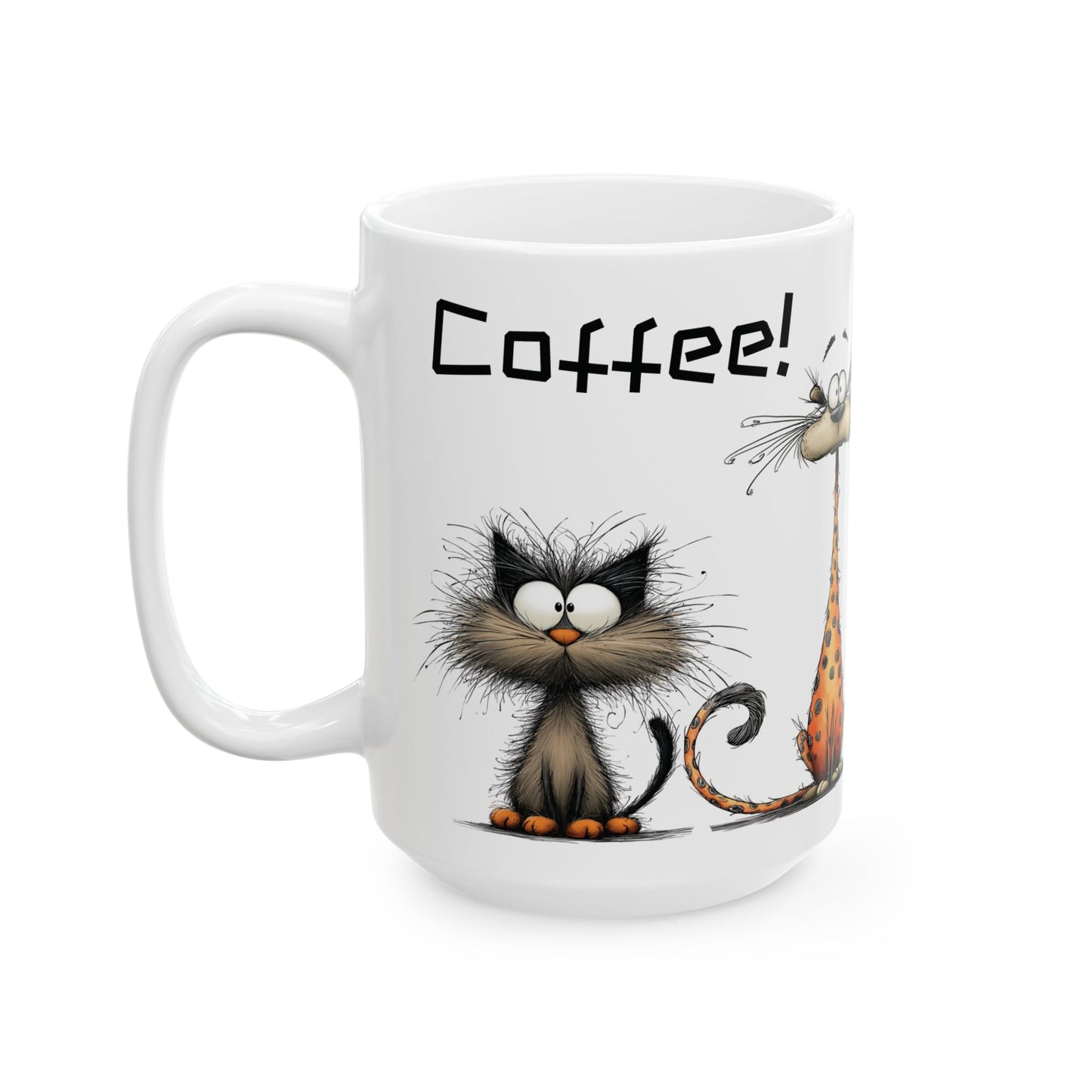 Funny Cats Ceramic Mug – 'More Coffee!' Cute Cartoon Cat Coffee Cup (15oz)