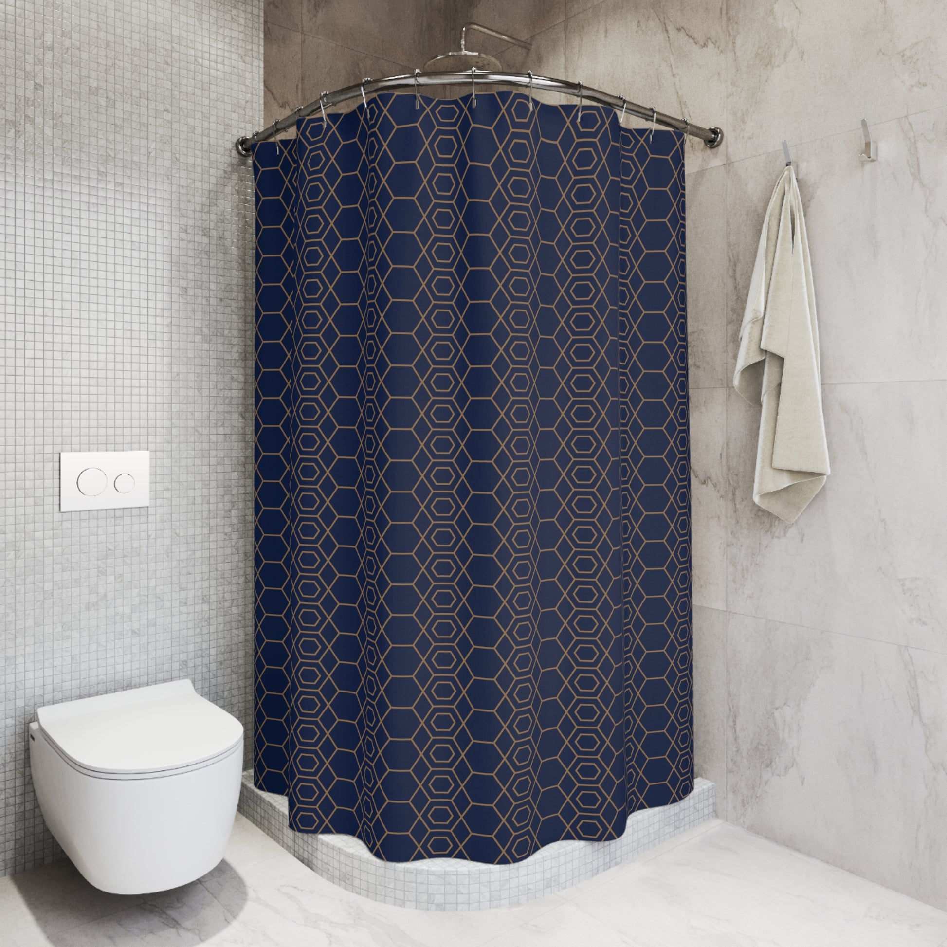 Geometric Shower Curtain - Dark Blue and Gold Print
