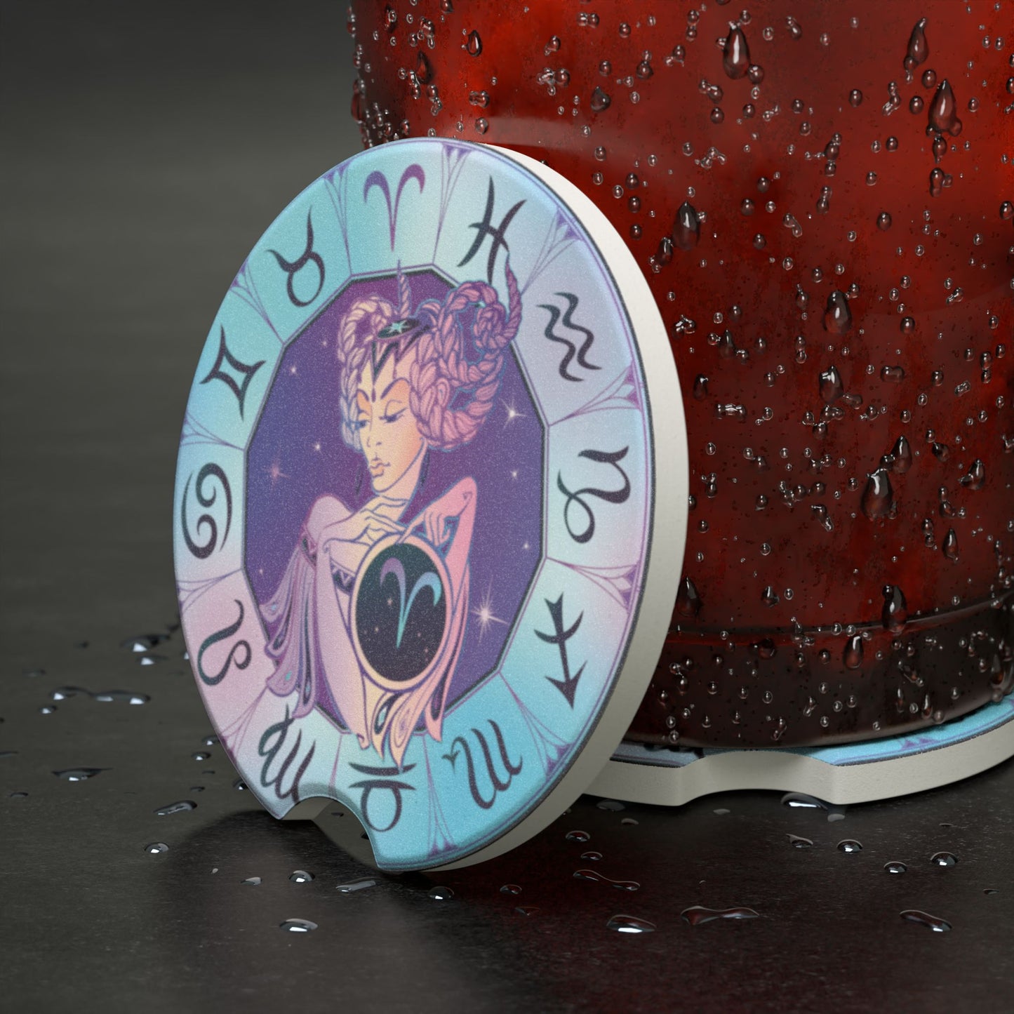 Zodiac Aries Soapstone Car Coaster — Astrological Horoscope Car Cup Holder Insert