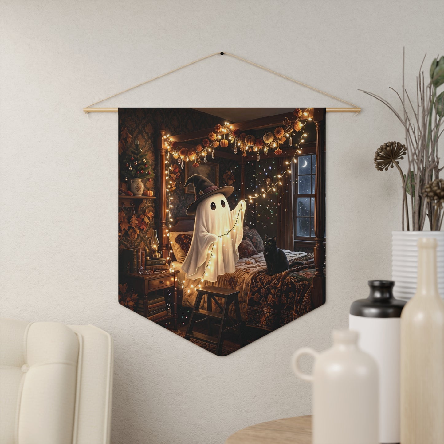 Cozy Halloween Ghost Pennant — Cute Spooky Room Banner with Fairy Lights