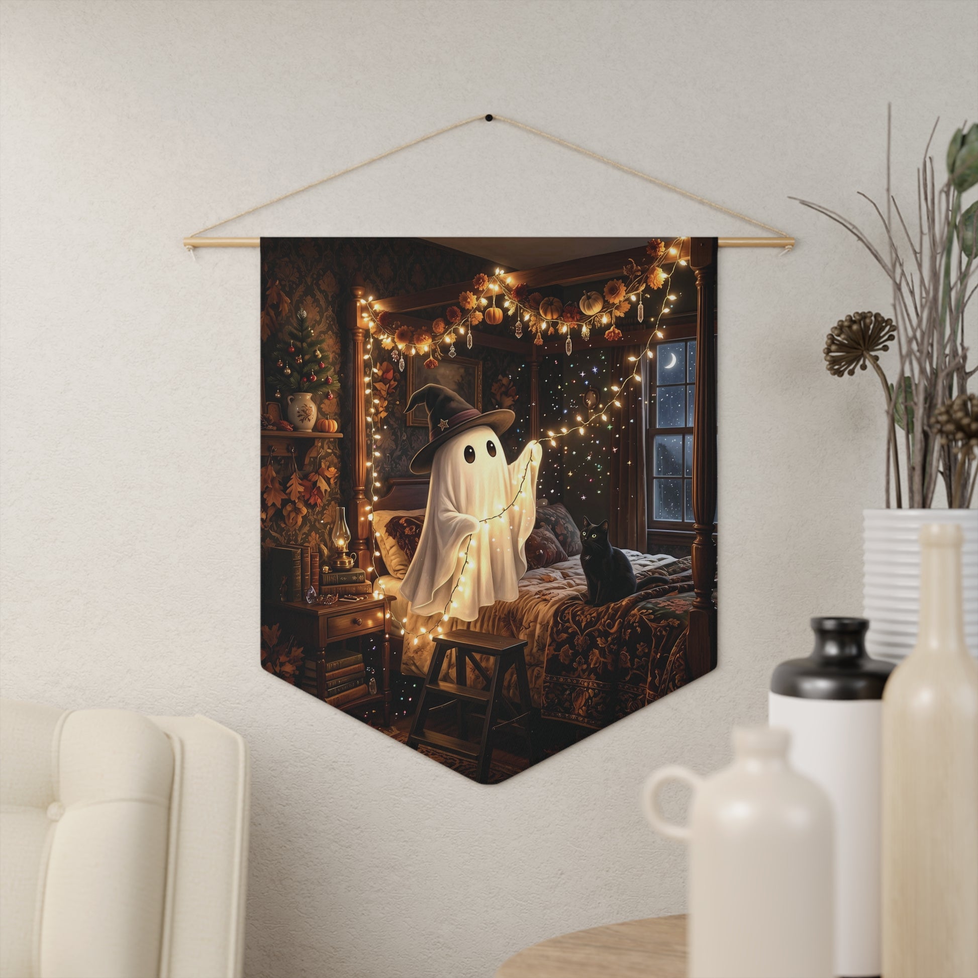 Cozy Halloween Ghost Pennant — Cute Spooky Room Banner with Fairy Lights