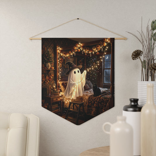 Cozy Halloween Ghost Pennant — Cute Spooky Room Banner with Fairy Lights