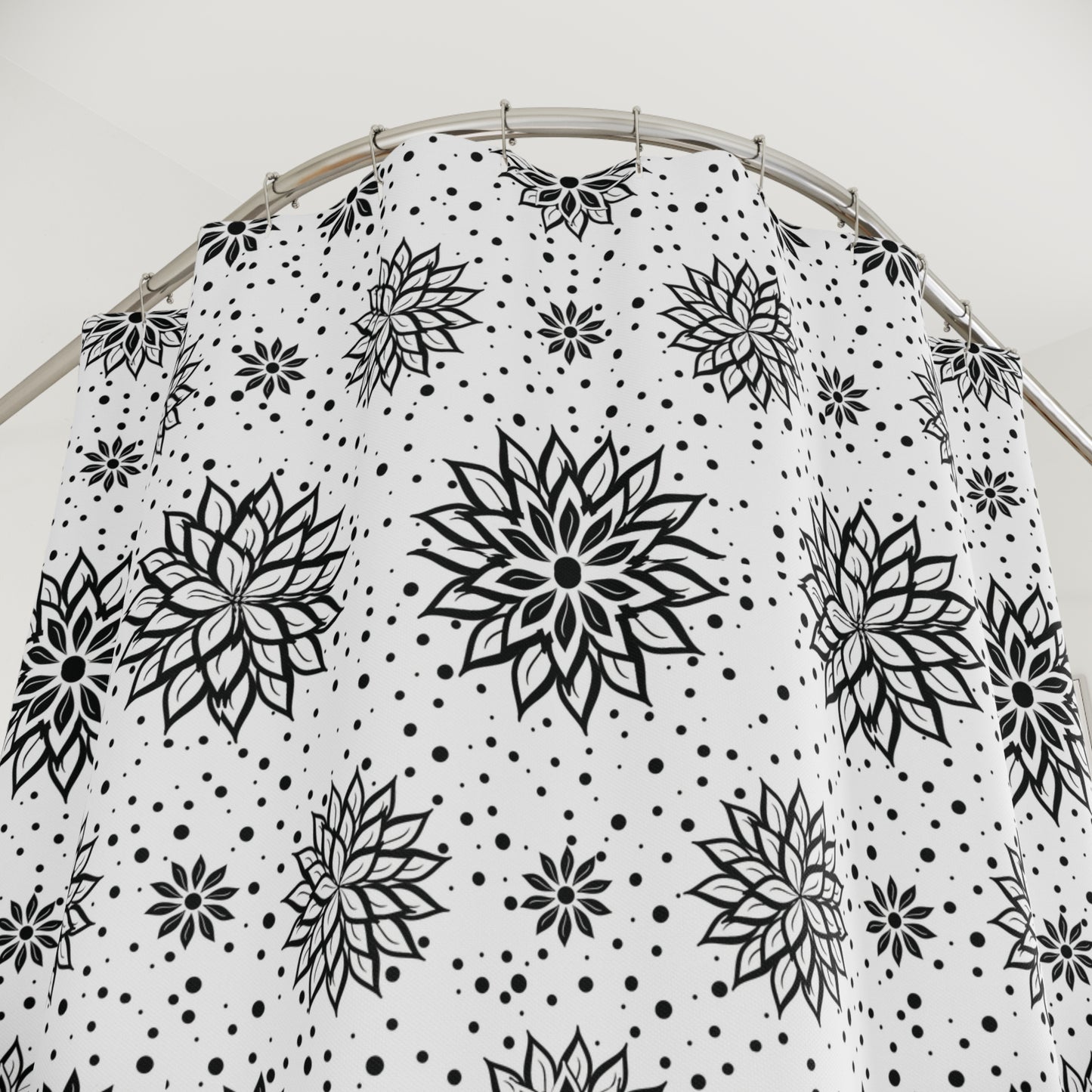 Black Floral Mandala Shower Curtain — Monochrome Boho Bathroom Decor