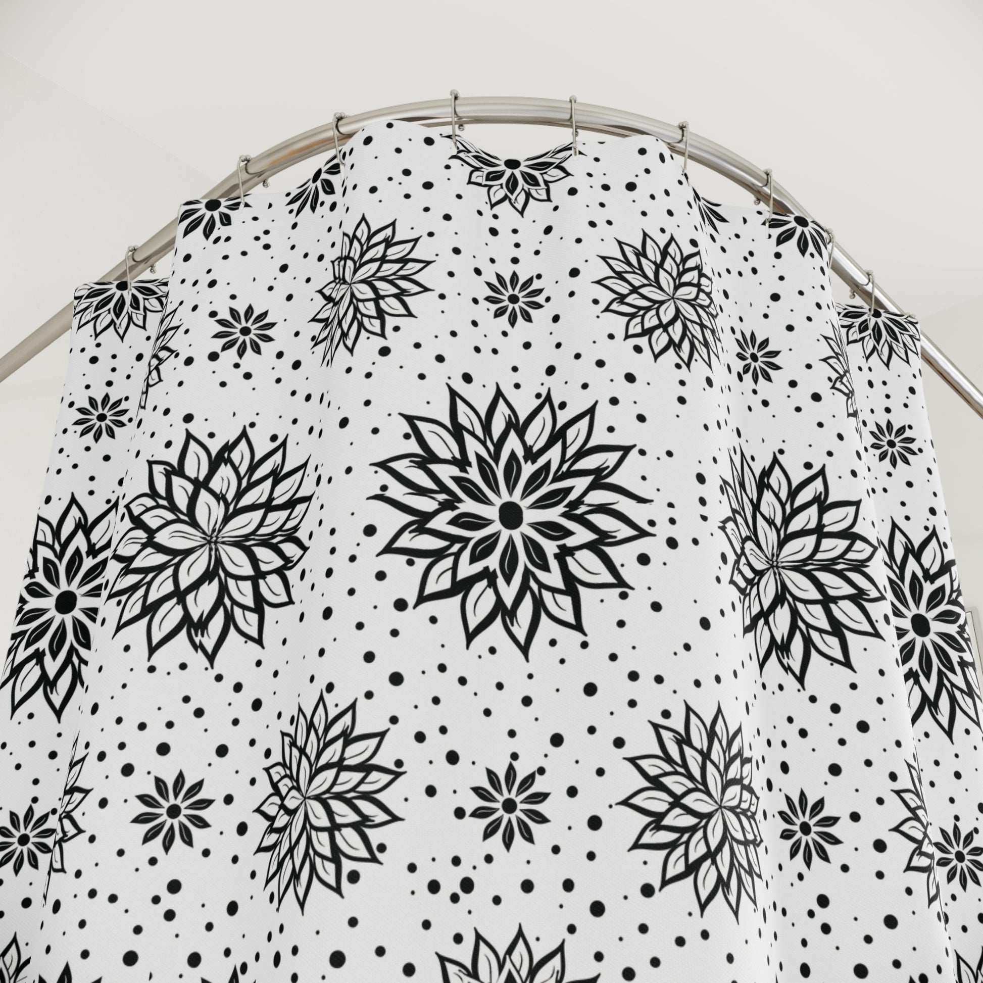 Black Floral Mandala Shower Curtain — Monochrome Boho Bathroom Decor