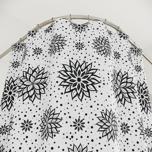 Black Floral Mandala Shower Curtain — Monochrome Boho Bathroom Decor