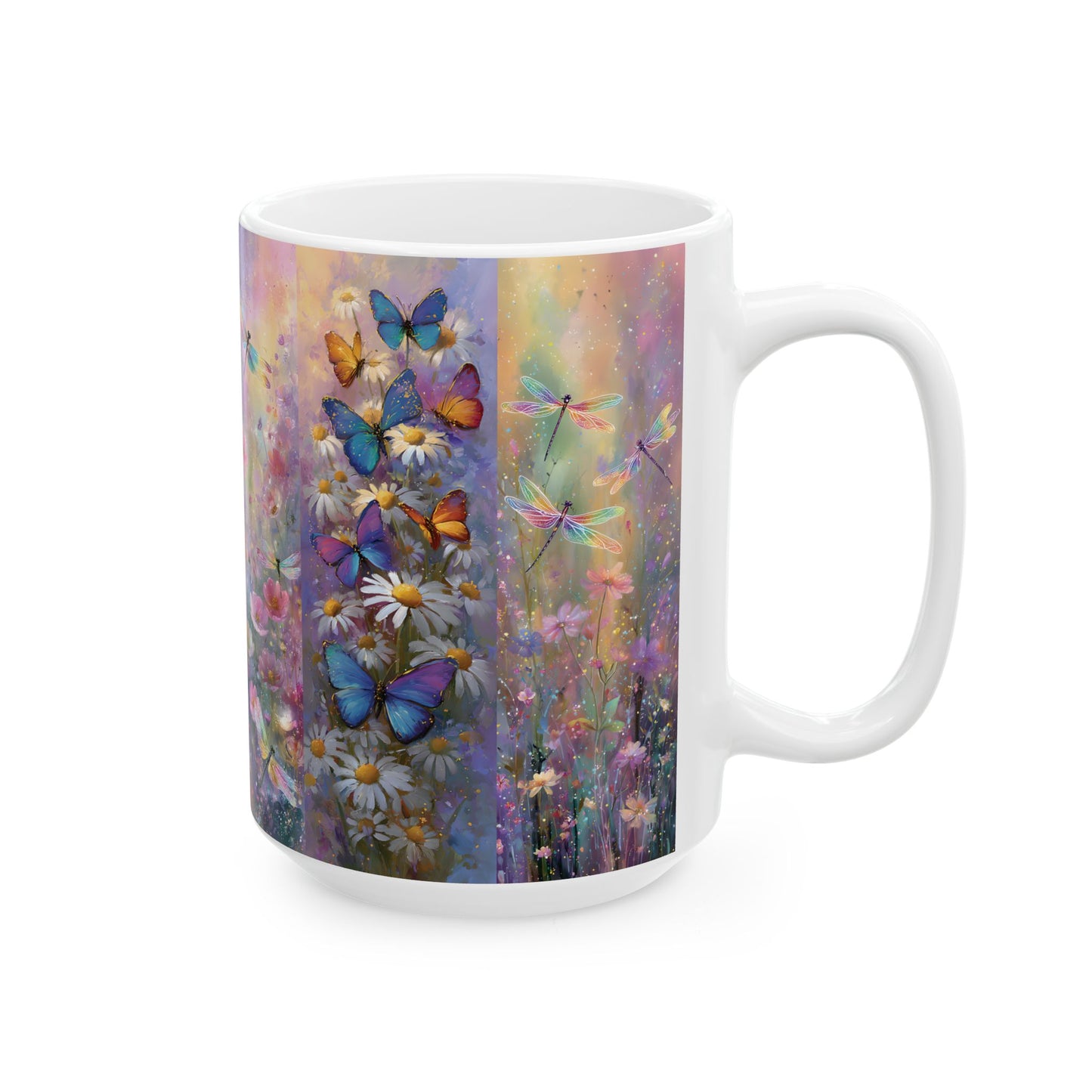 Floral Dragonfly And Butterfly Ceramic Mug — Colorful Dream Garden Coffee Cup (15oz)