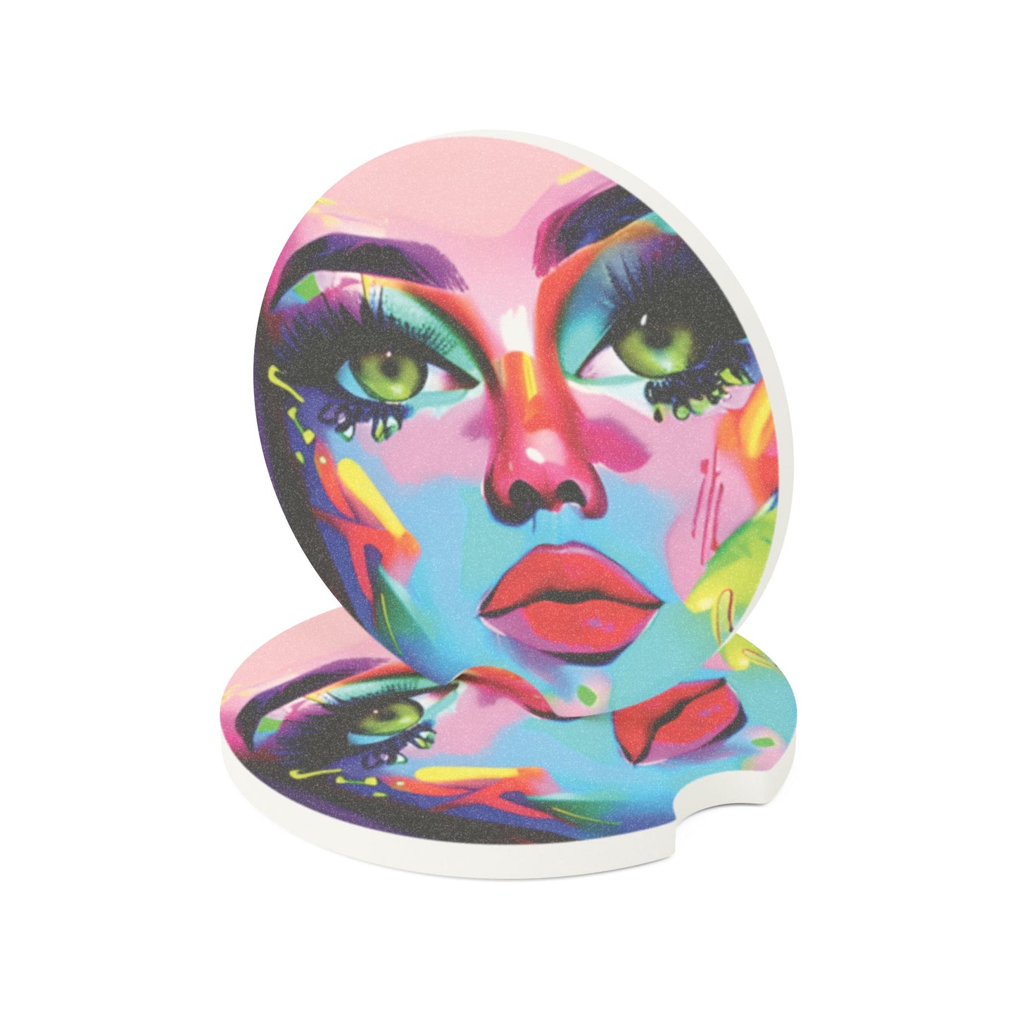 Colorful Abstract Face Soapstone Car Coaster — Vibrant Pop Art Cup Holder Insert