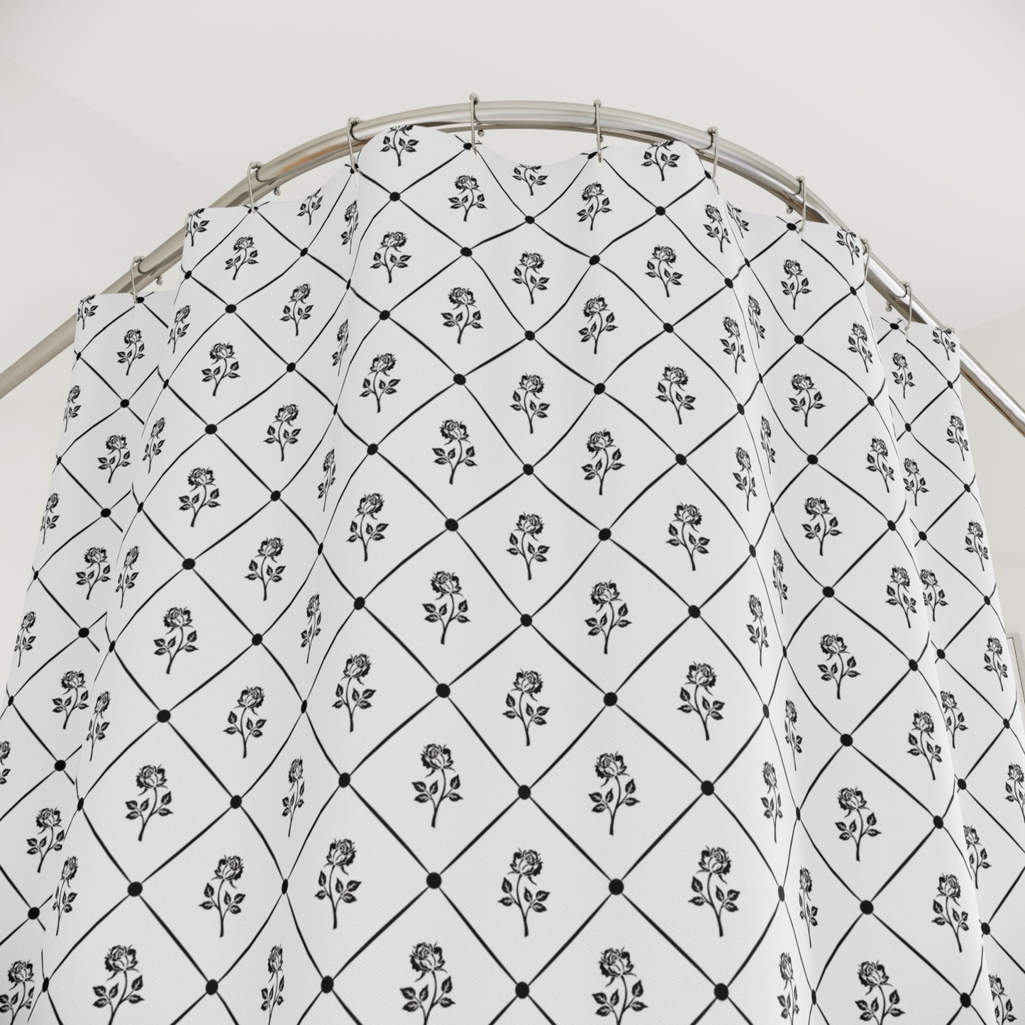 Floral Trellis Shower Curtain — Black & White Rose Pattern