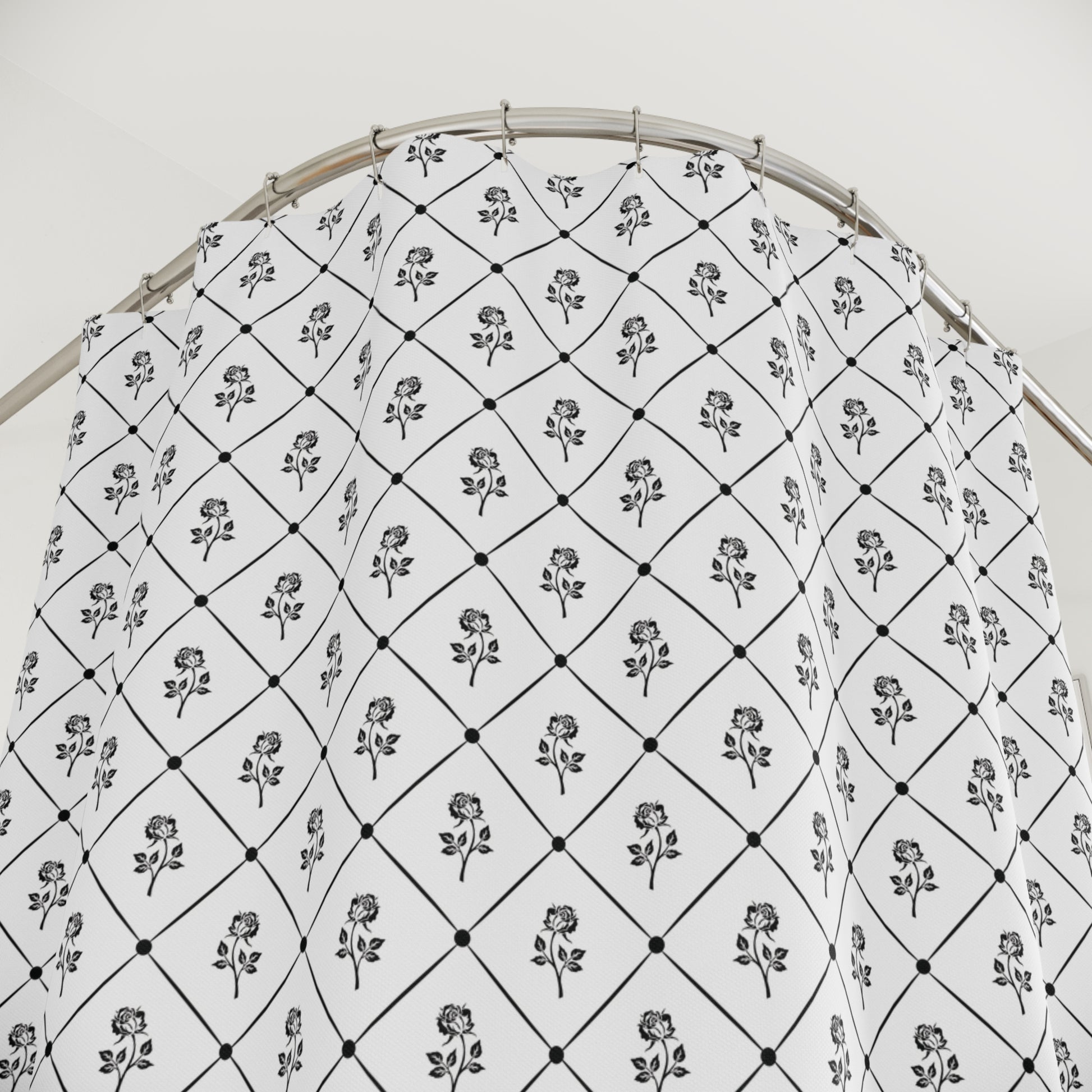 Floral Trellis Shower Curtain — Black & White Rose Pattern