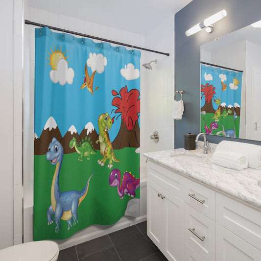 Dinosaur Kids Shower Curtain – Colorful Cartoon Dino Volcano Bath Decor