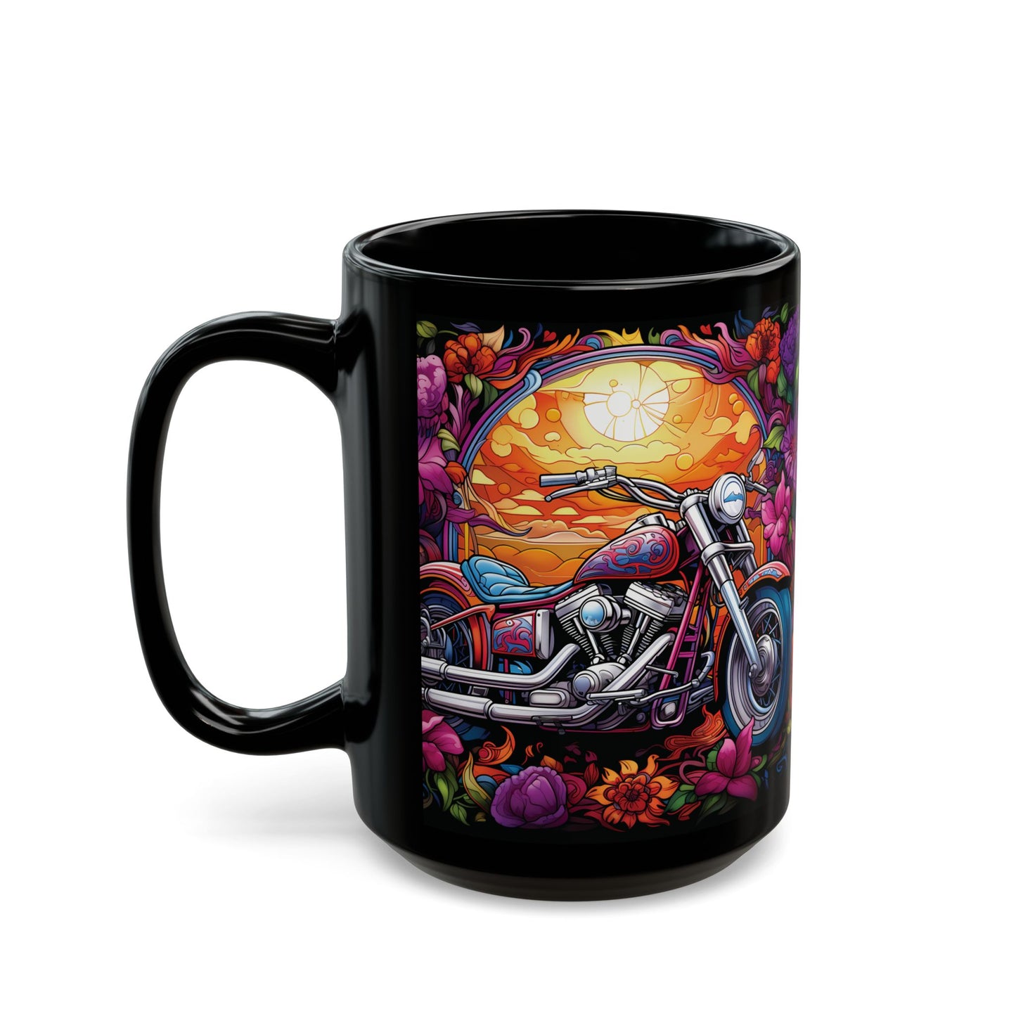 Motorcycle Stained Glass Black Mug — Colorful Cruiser Bike Coffee Cup (15oz)