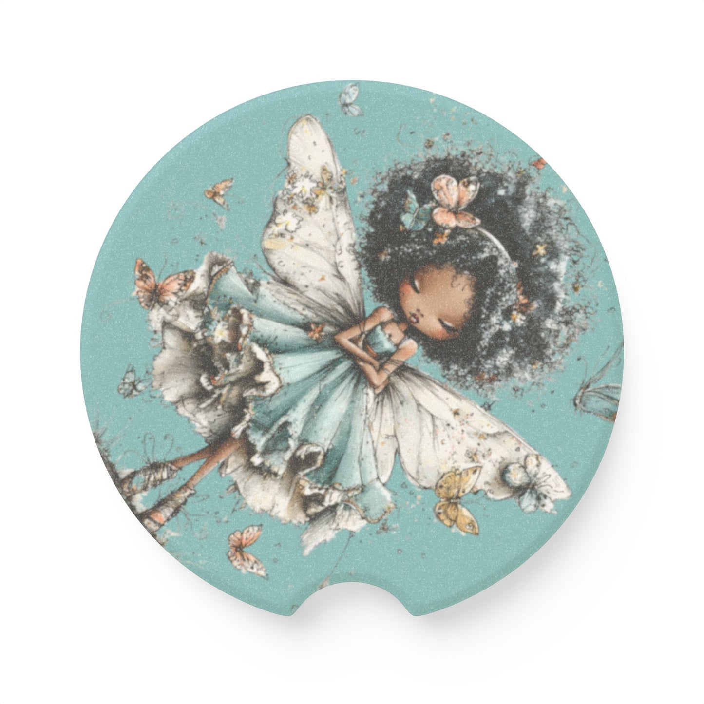 Fairy Girl Soapstone Car Coaster — Cute Black Fairy Illustration Car Cup Holder Mat