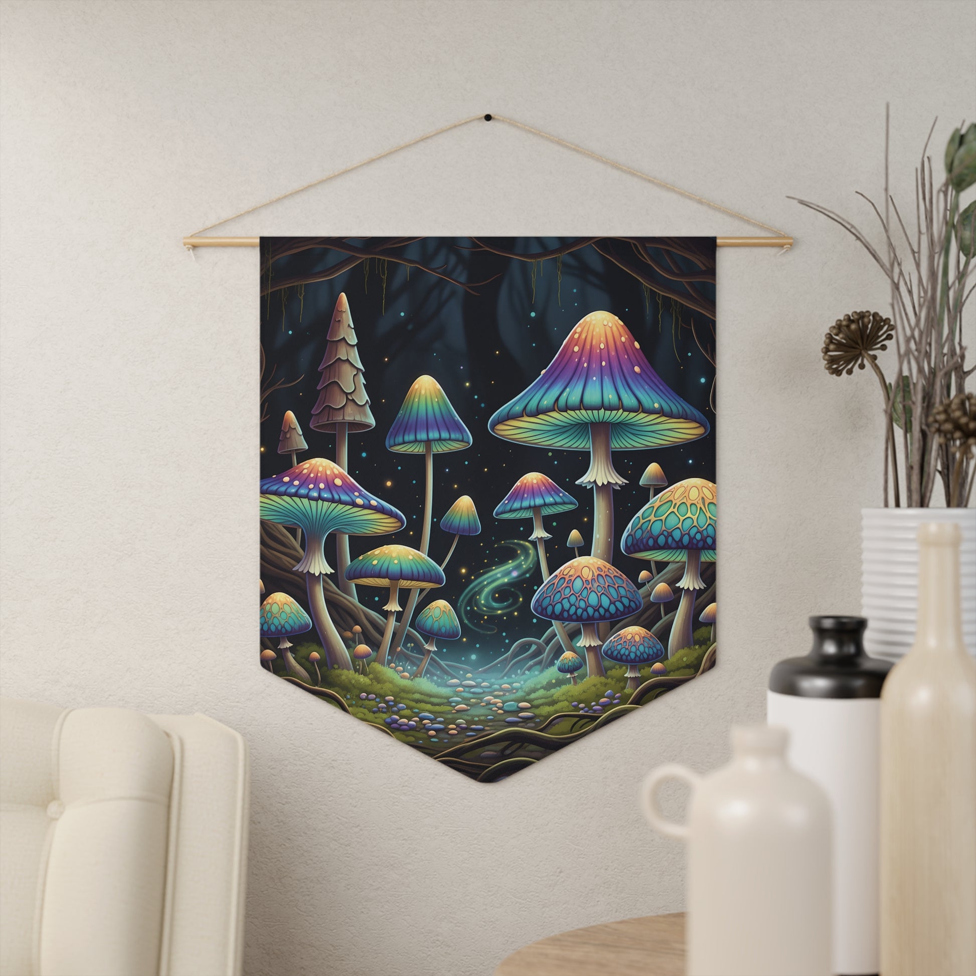 Magical Mushroom Forest Pennant – Psychedelic Rainbow Fungi Wall Banner