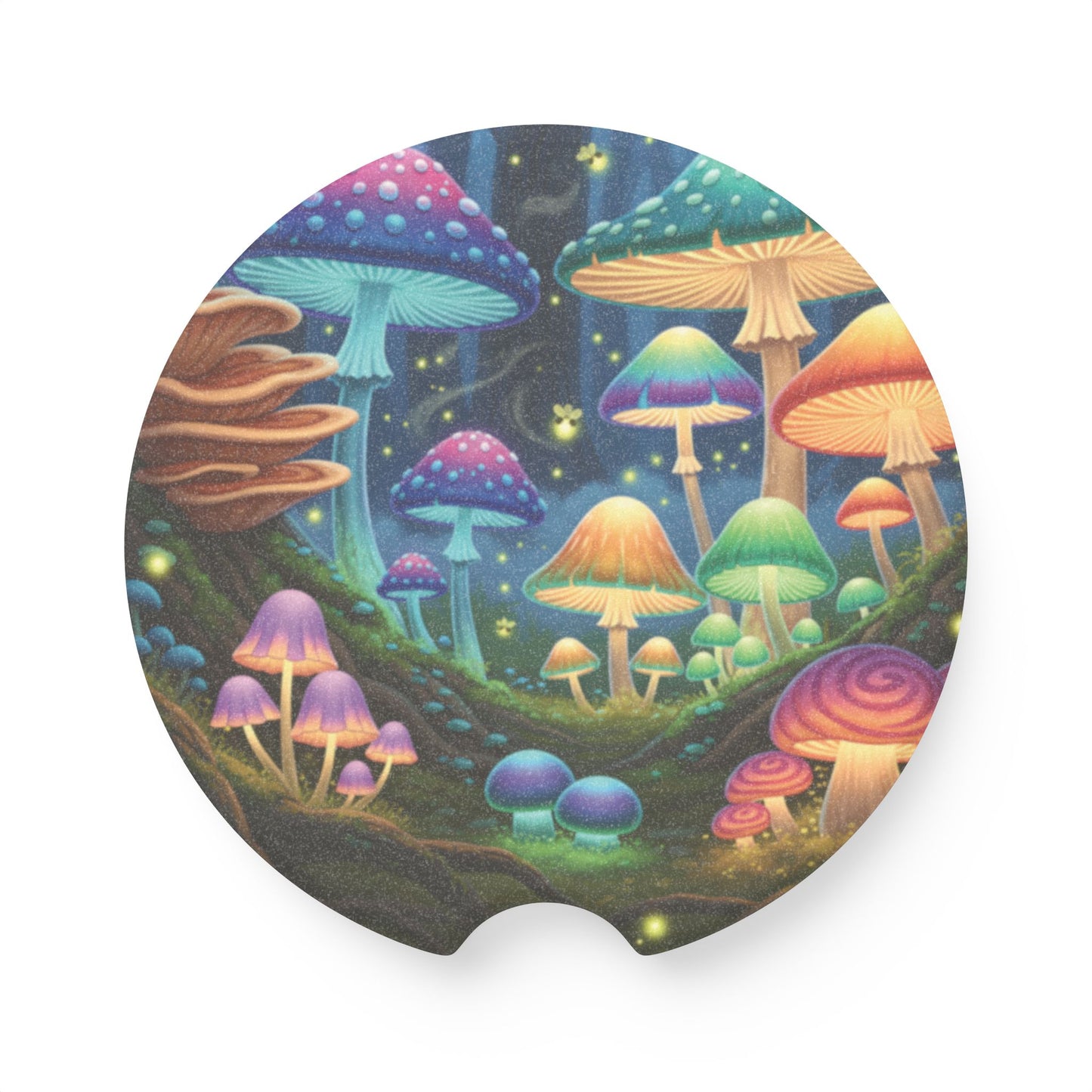 Enchanted Mushroom Forest Soapstone Car Coaster — Colorful Psychedelic Fungi Cup Holder Insert