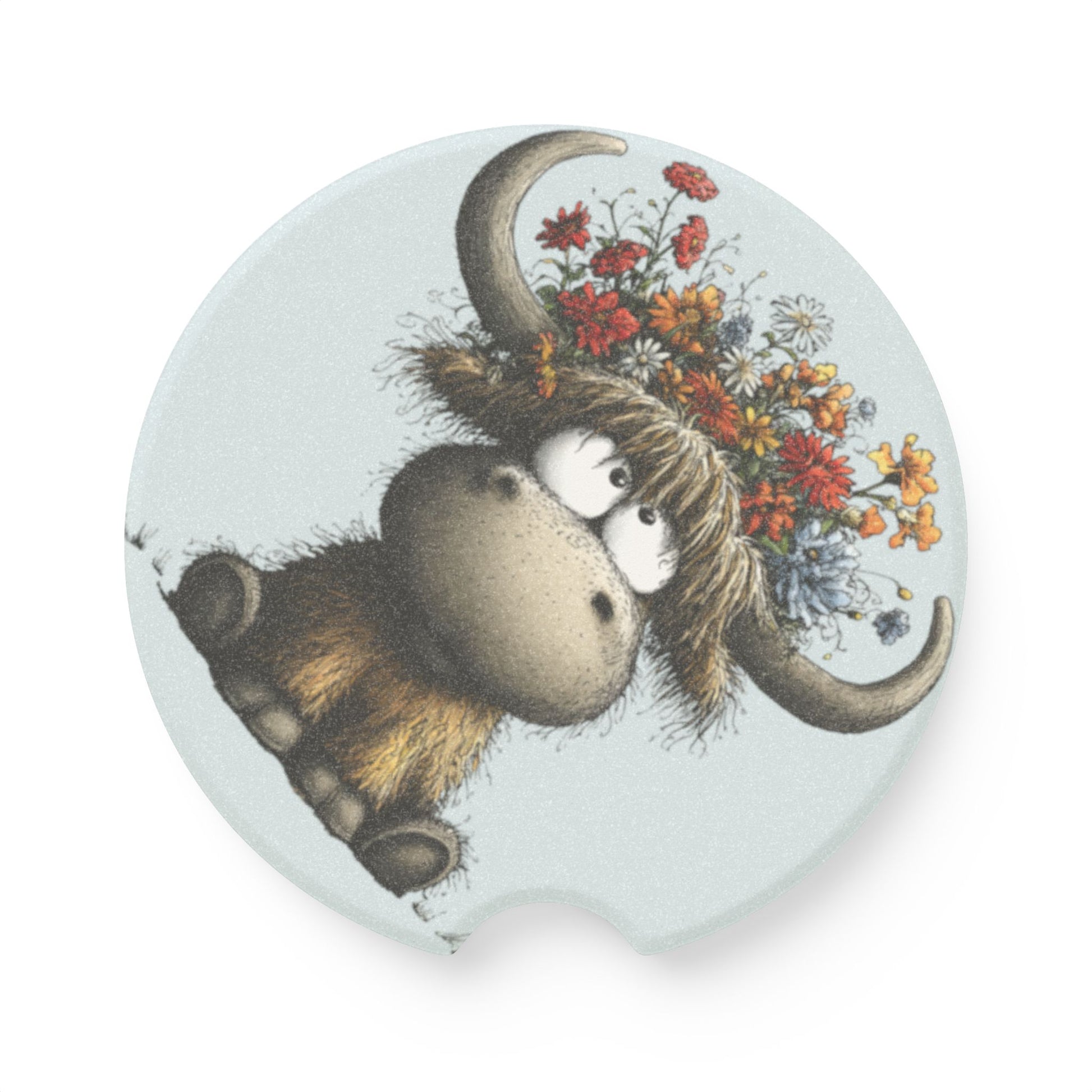 Cute Highland Cow Floral Soapstone Car Coaster