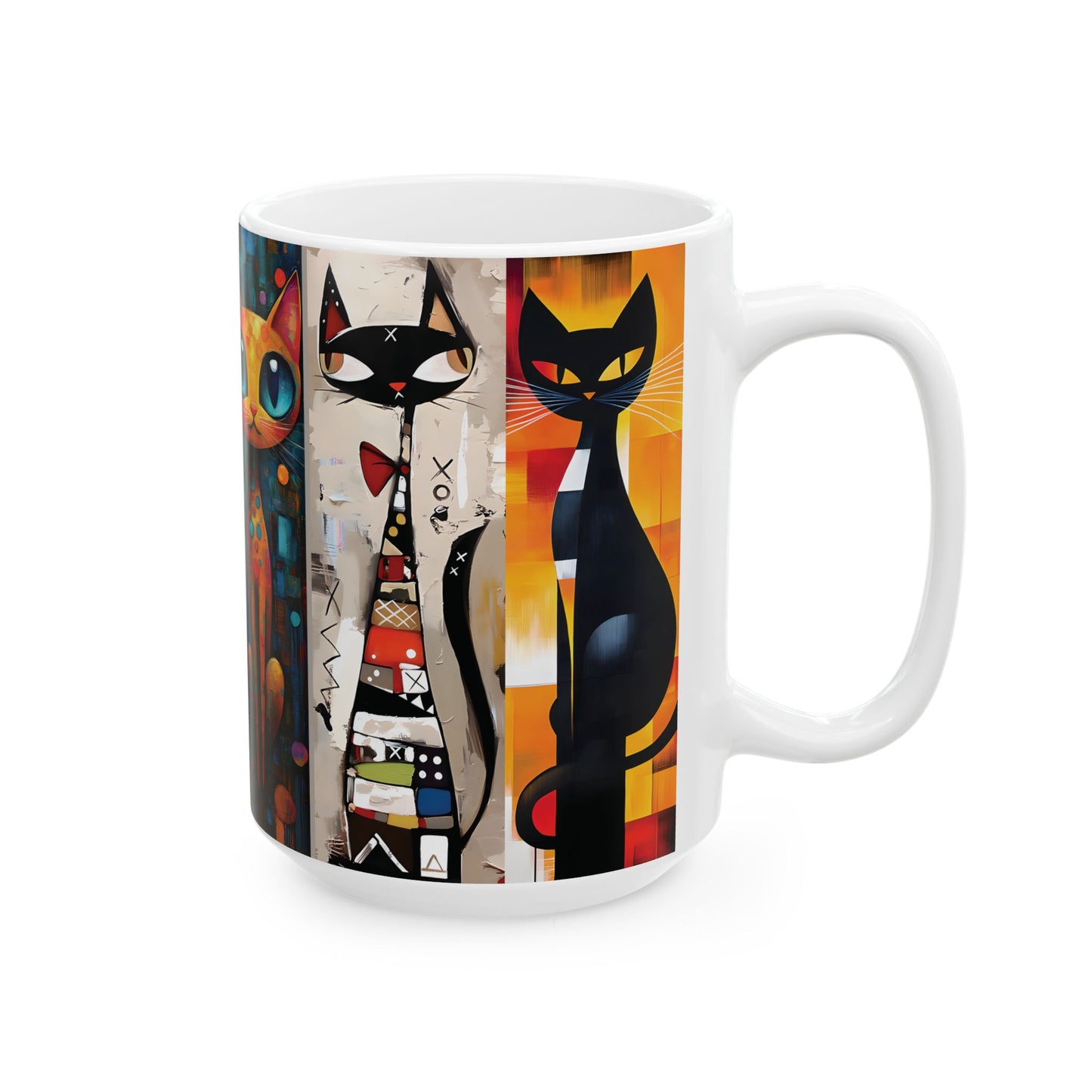 Colorful Artistic Cat Ceramic Mug (15oz) — Whimsical Geometric Feline Coffee Cup