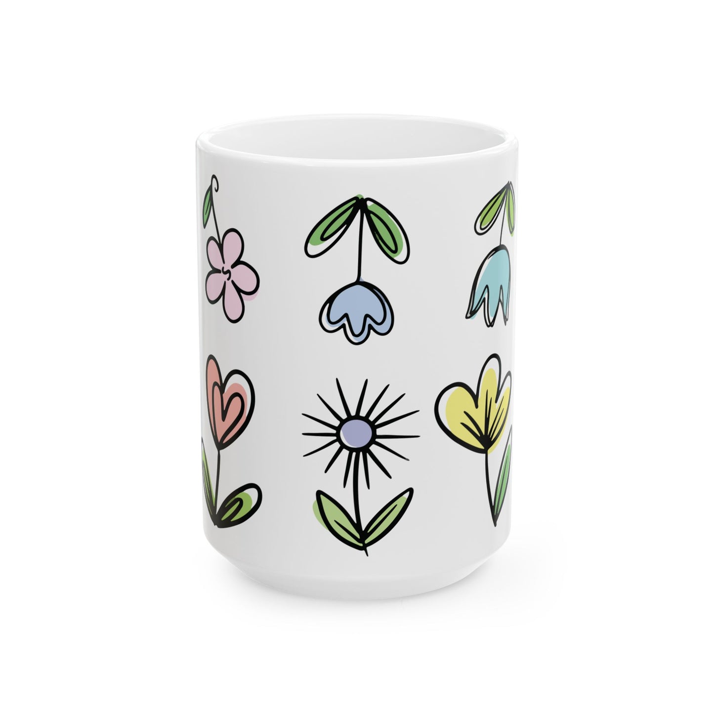 Floral Doodles Ceramic Mug — Pastel Hand-Drawn Flowers (15oz)