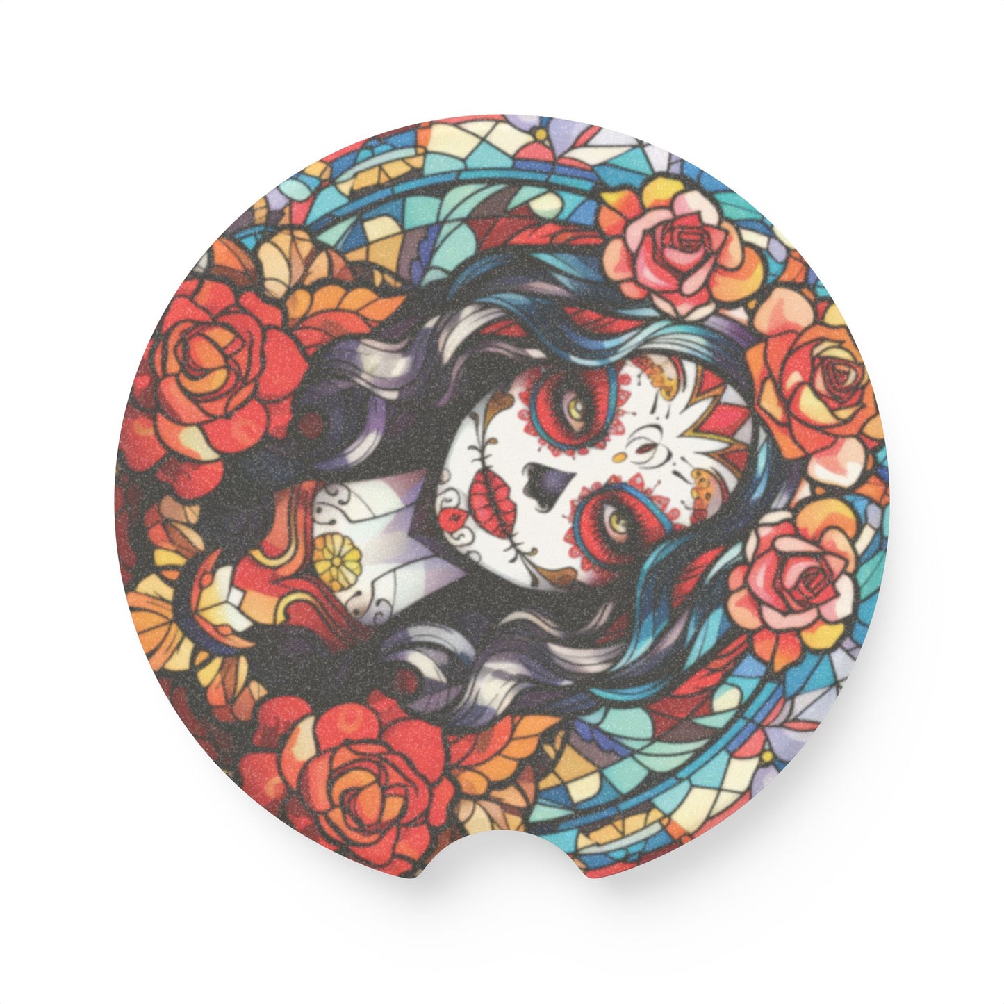 Dia de los Muertos Sugar Skull Car Coaster — Floral Stained-Glass Soapstone Drink Coaster