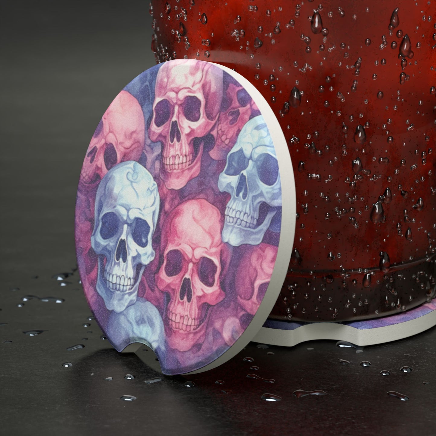 Skull Pattern Soapstone Car Coaster — Colorful Watercolor Skull Drink Holder Protector