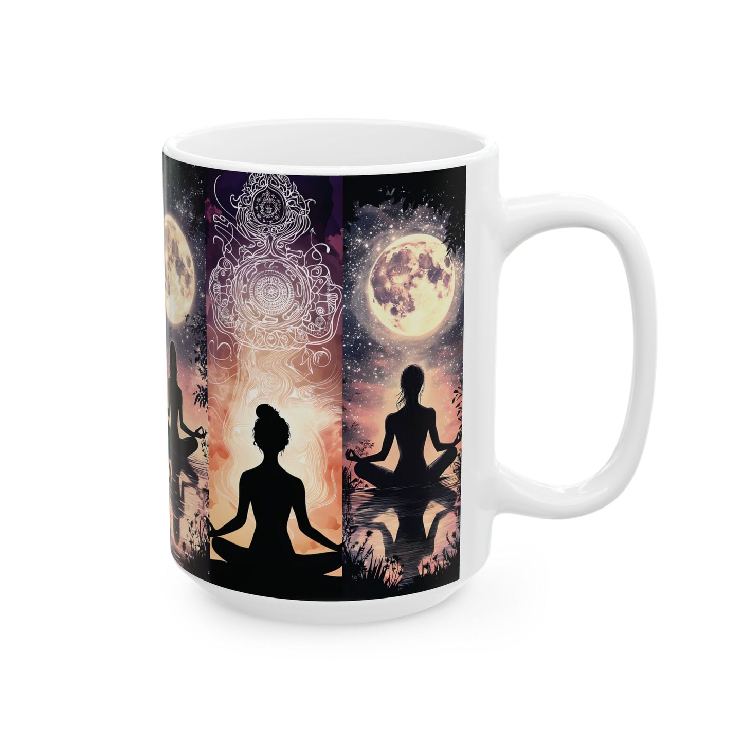 Meditation Moon Ceramic Mug — Yoga Silhouette, Spiritual & Mindfulness Coffee Cup (15oz)