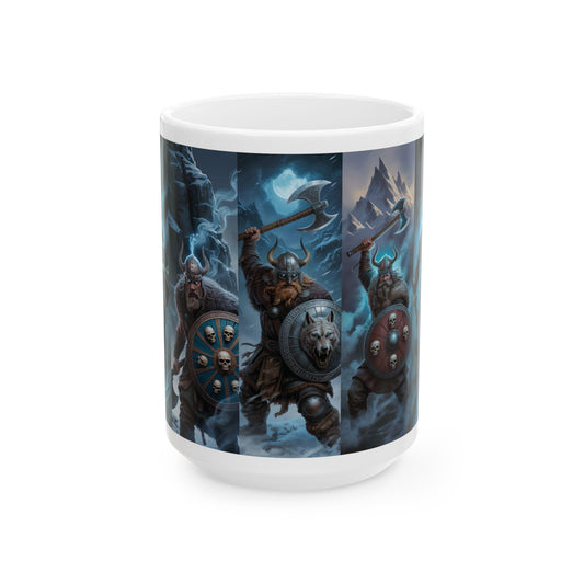 Viking Warriors Ceramic Mug — Norse Battle Scene Coffee Cup (15oz)