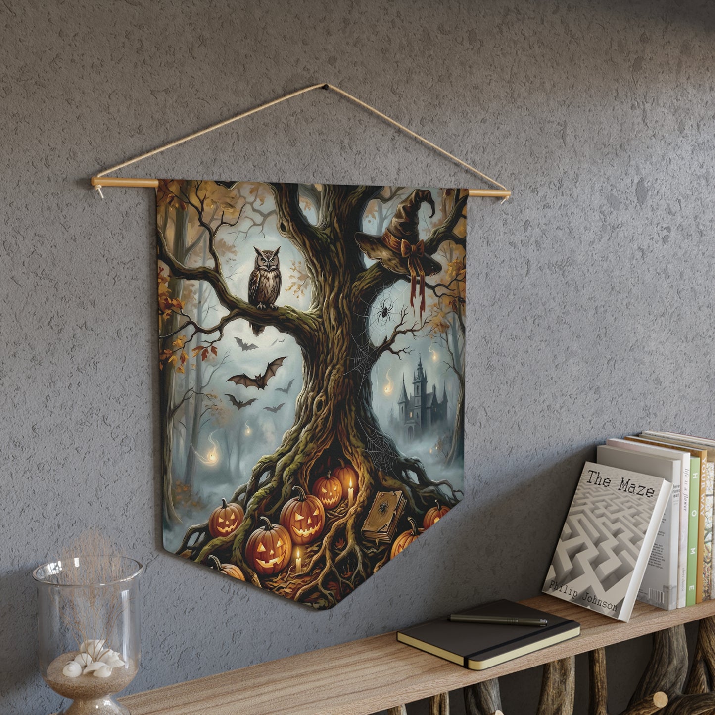 Halloween Pumpkin Tree Pennant — Spooky Owl & Haunted Castle Wall Banner