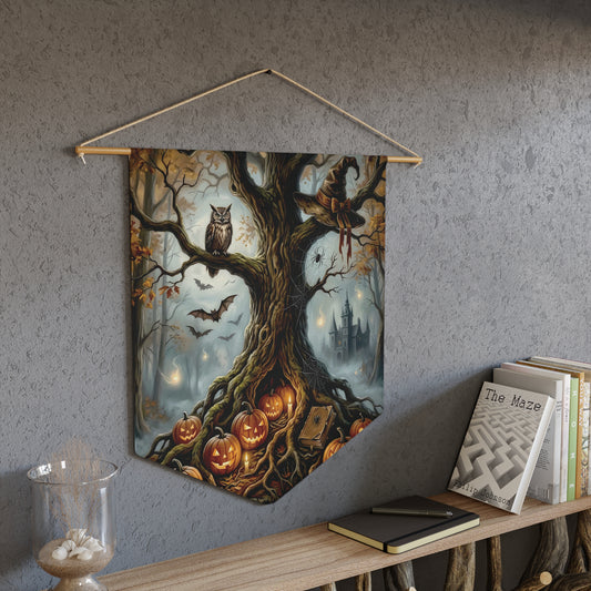 Halloween Pumpkin Tree Pennant — Spooky Owl & Haunted Castle Wall Banner