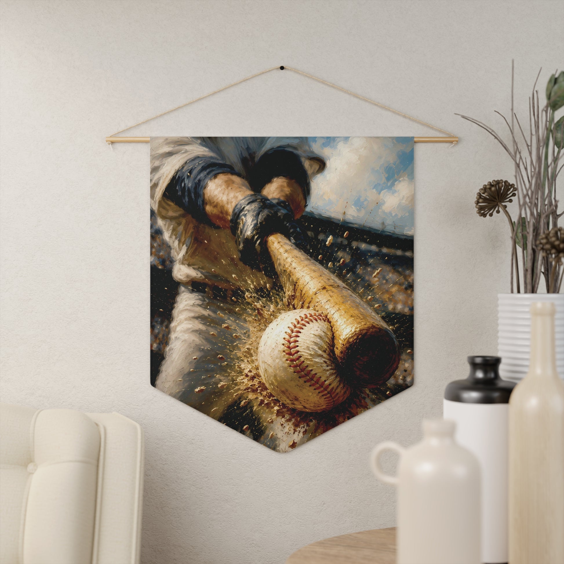 Baseball Action Pennant Wall Banner – Batter Swinging with Ball Sports Decor