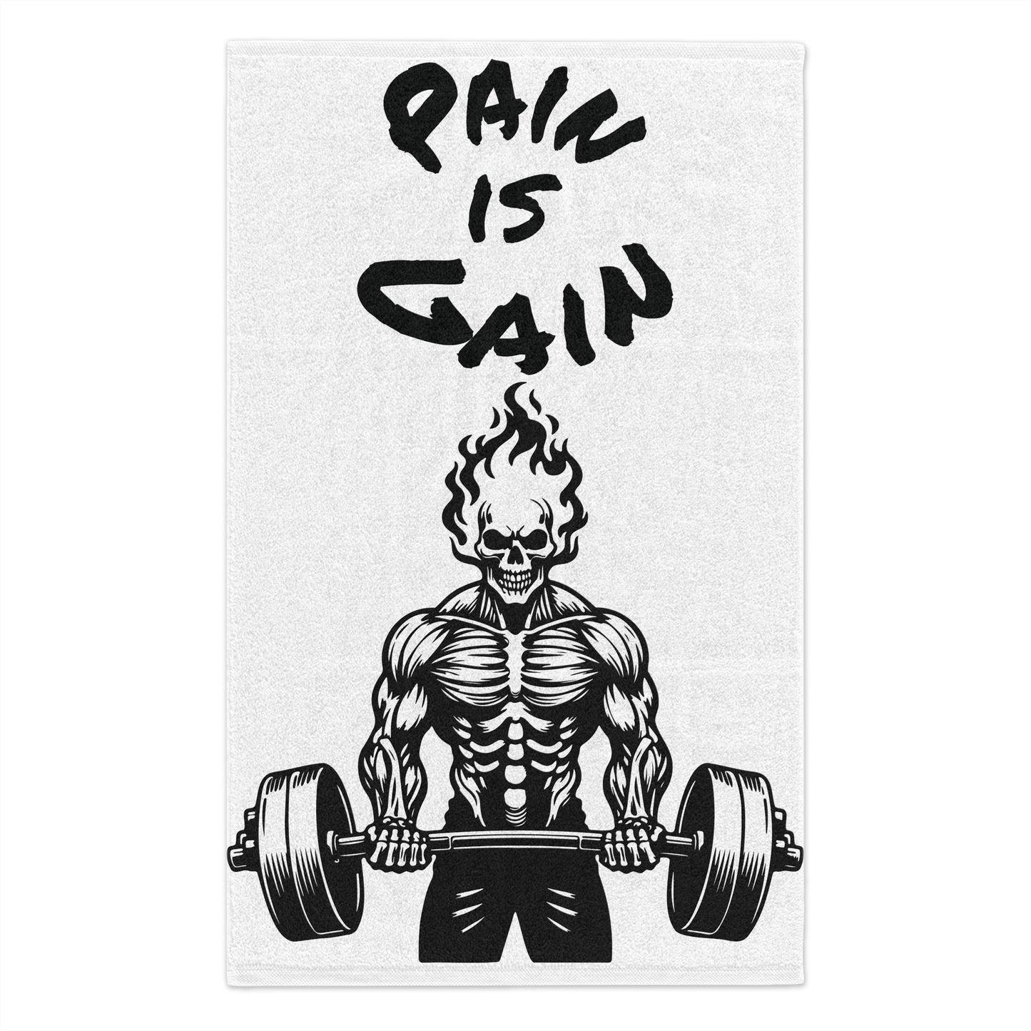Workout Towel — "Pain Is Gain" Gym Weightlifting Skull Design (11x18)