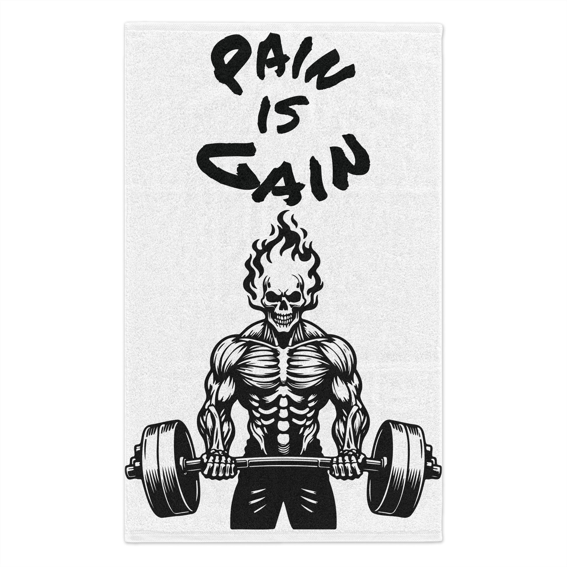 Workout Towel — "Pain Is Gain" Gym Weightlifting Skull Design (11x18)