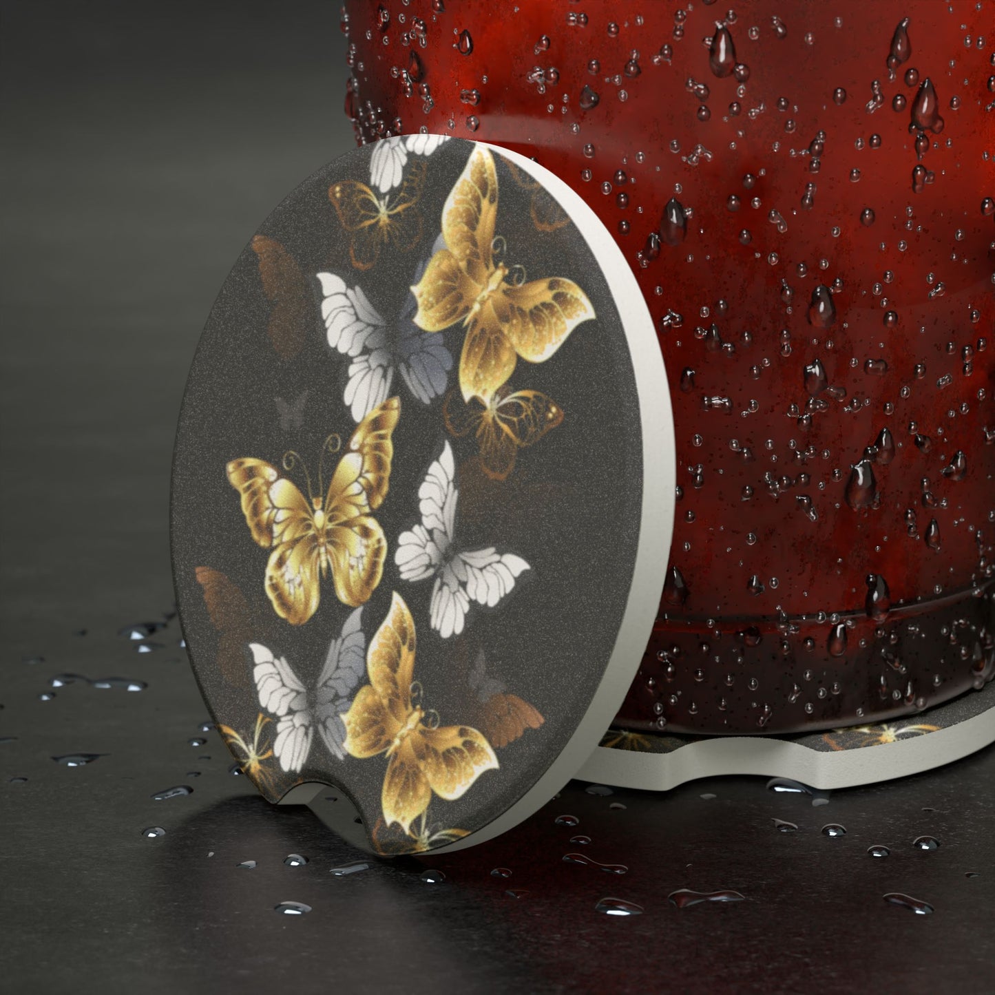 Butterfly Soapstone Car Drink Coaster — Gold & White Butterflies on Black