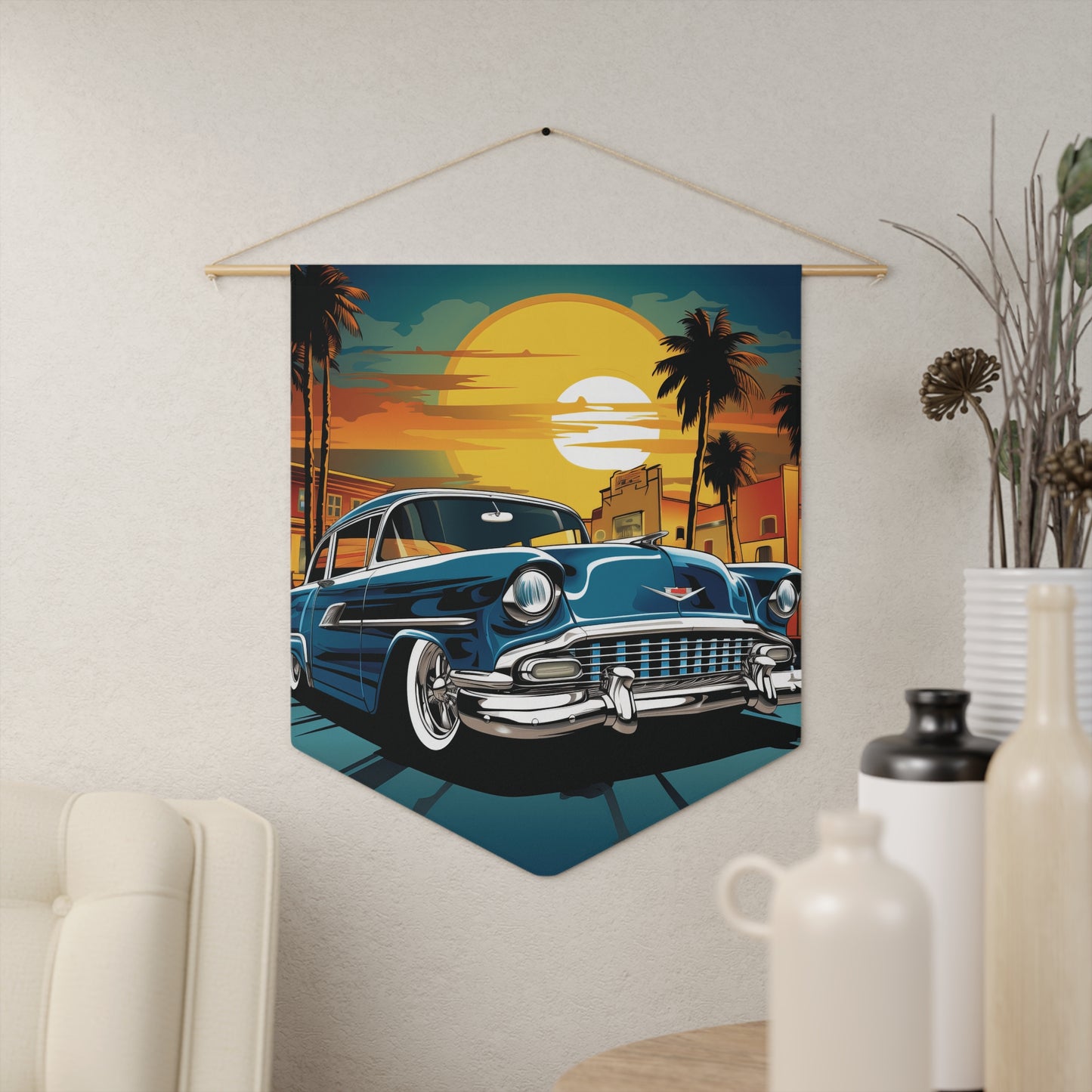 Vintage Sunset Classic Car Pennant — Retro Palm Tree Roadtrip Wall Banner