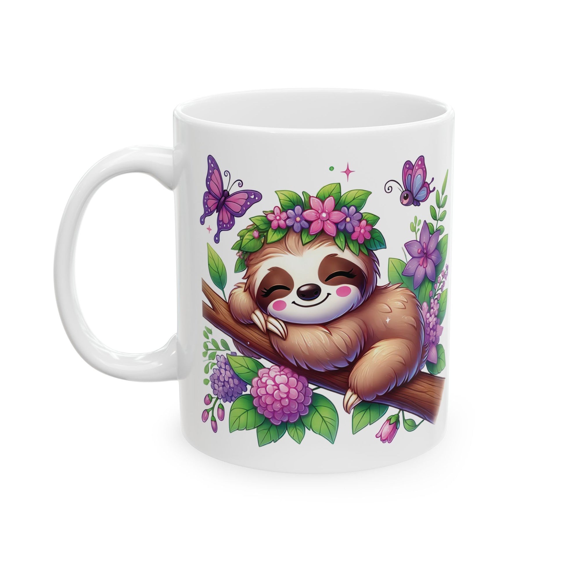 Floral Panda & Sloth Ceramic Mug — Cute Springtime Sleepy Animals (11oz)