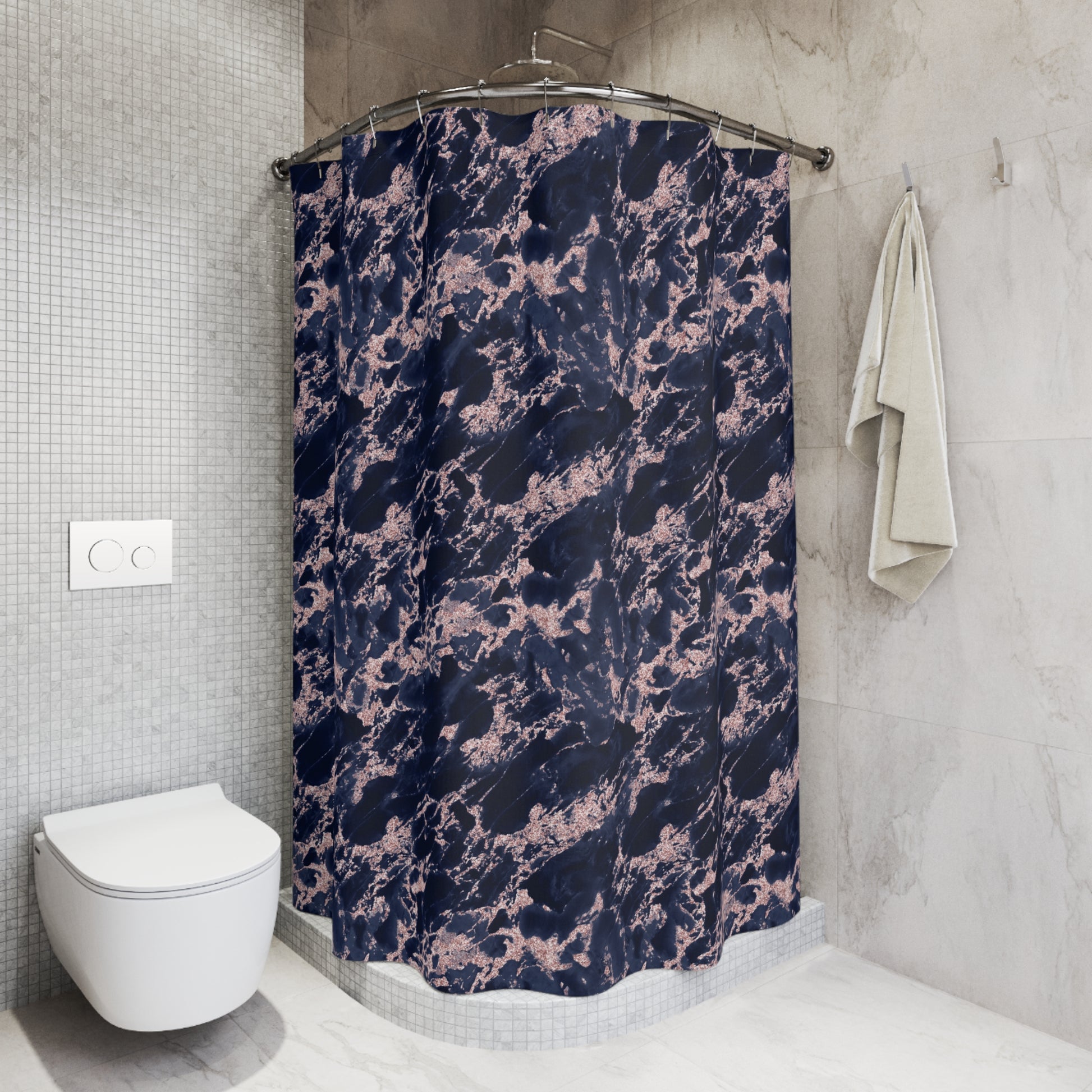 Marbled Navy & Blush Shower Curtain — Abstract Marble Bath Decor
