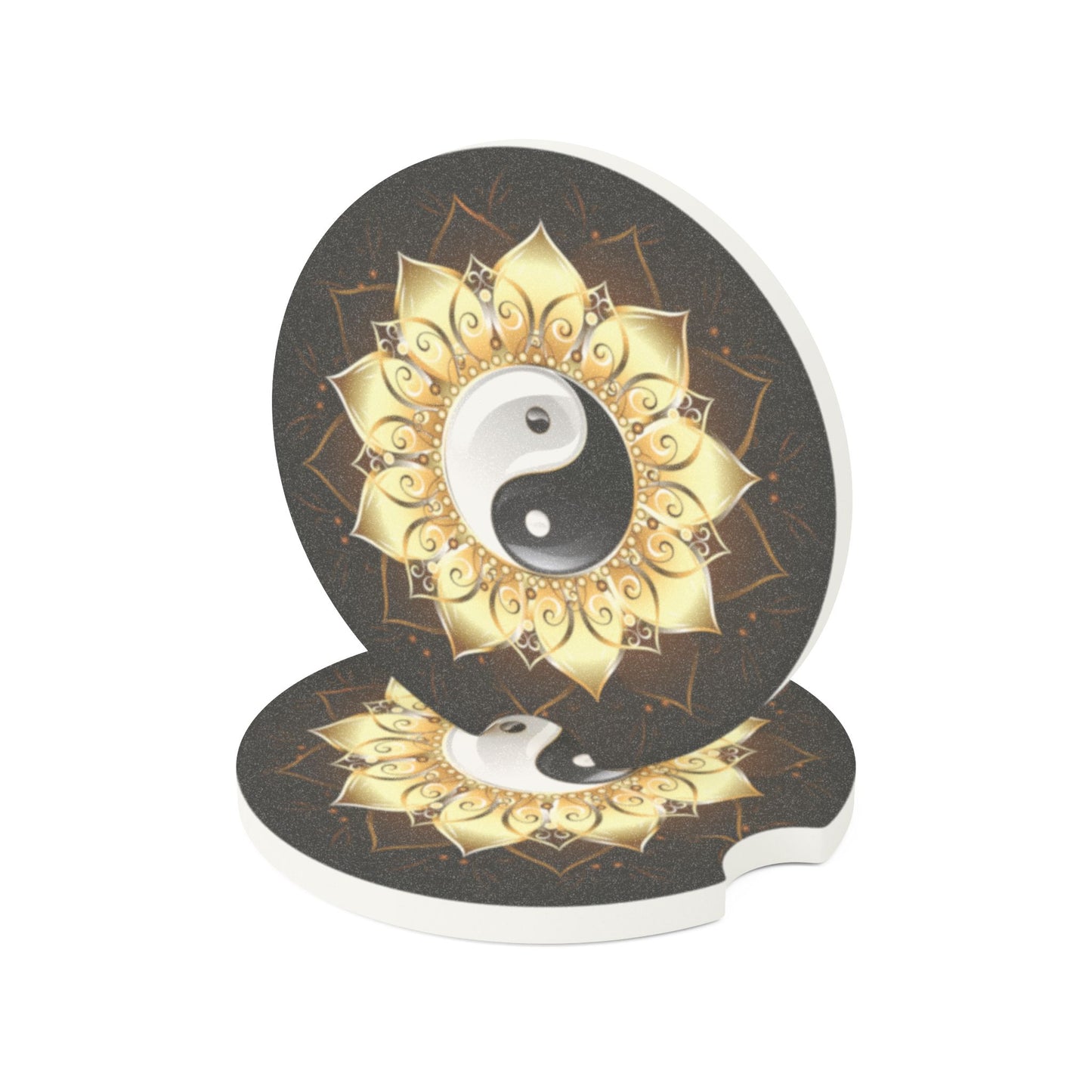Yin Yang Mandala Soapstone Car Coaster — Gold Lotus Balance Car Cup Holder Insert